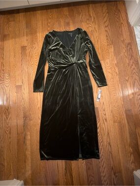 Maggy London Olive Green Velvet Twist-Front Long Sleeve Midi Dress
